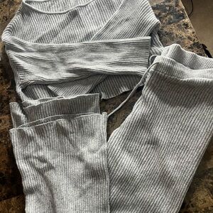 Pink Rose Light Gray Ribbed Wide Leg Pants & Top Set